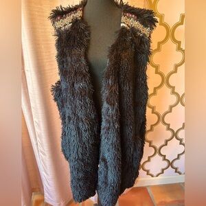 Plus Size Faux Fur Black Vest With Embroidery at Shoulders and Side Pockets